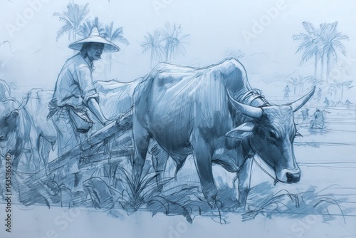 Farmer Plowing Fields with Oxen Under Palm Trees in Rural Landscape
