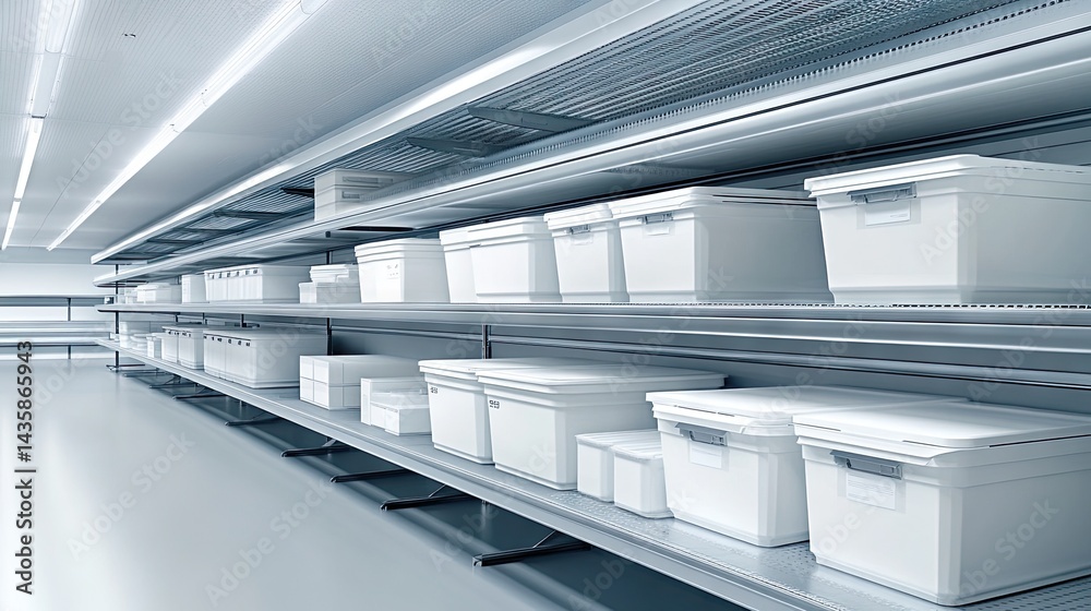 Fototapeta premium Floating shelves storing grouped and labeled document boxes in an organized office
