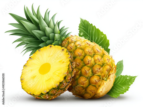 fresh Whole pinapple with green leave Isolated white background