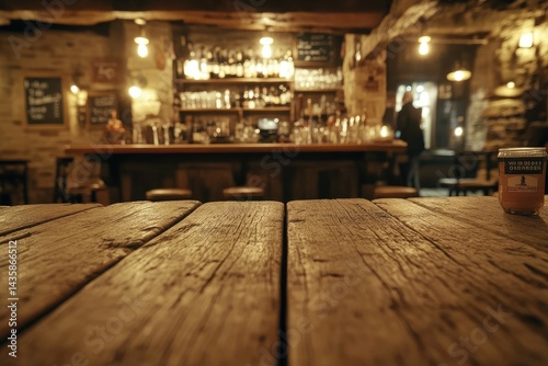Rustic Pub Interior. Wooden Table photo