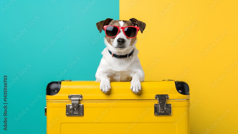 Funny dog in red sunglasses standing on yellow suitcase against split turquoise and yellow background with copy space.