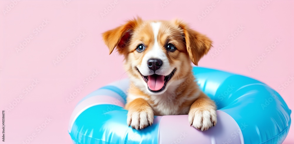 Cheerful puppy in a blue inflatable ring on pink pastel background with copy space, playful summer scene.