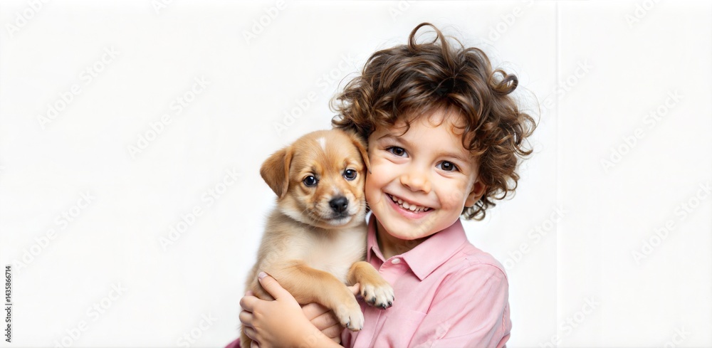Smiling child hugging a cute puppy against white background with ample copy space, joyful and heartwarming moment.