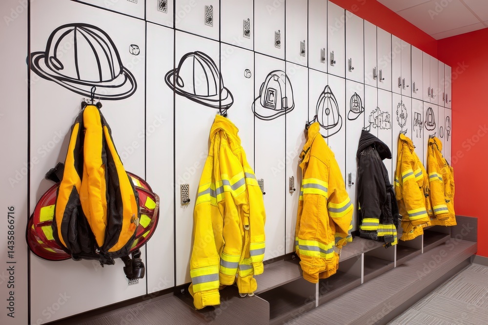Firefighter Gear Storage Room with Vibrant Locker Design