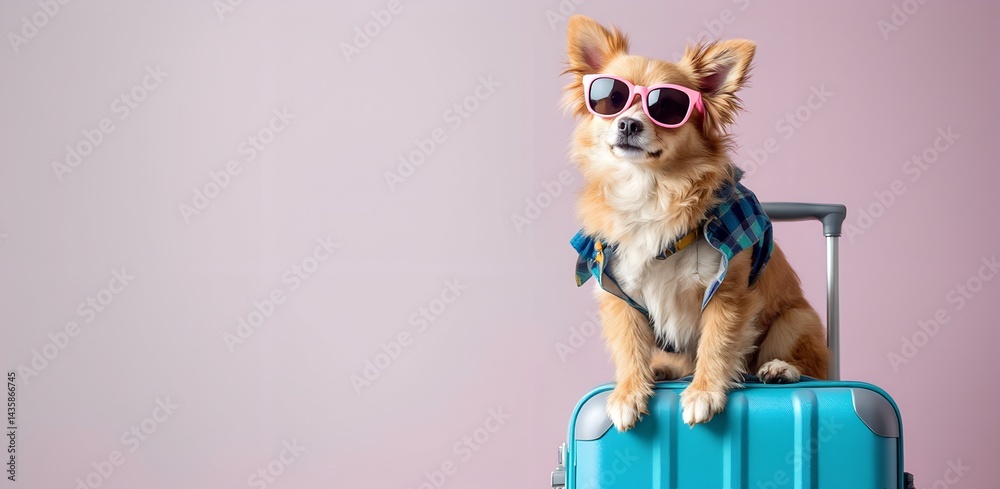 Adorable small dog in plaid shirt and pink sunglasses sitting on blue suitcase against pink background with copy space.