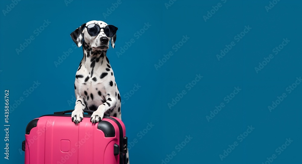 Dalmatian dog wearing sunglasses posing on pink suitcase against teal blue background with wide copy space, stylish pet.