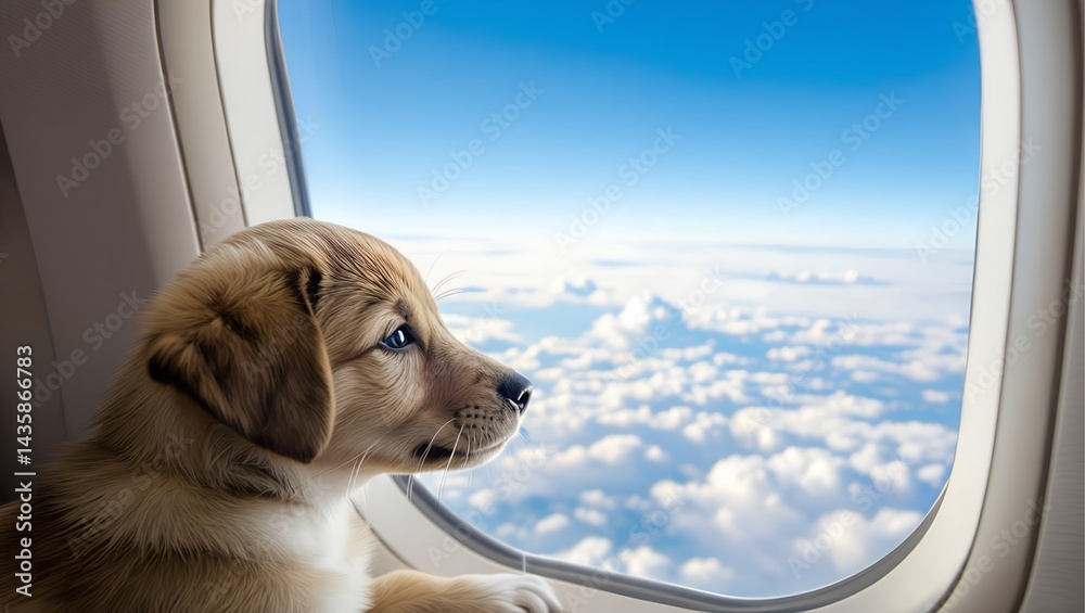 Cute puppy with blue eyes looking out airplane window at clouds with bright sky and ample copy space, travel concept.