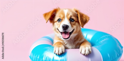 Obraz na płótnie Cheerful puppy in a blue inflatable ring on pink pastel background with copy space, playful summer scene. w salonie