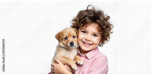 Obraz na płótnie Smiling child hugging a cute puppy against white background with ample copy space, joyful and heartwarming moment. w salonie