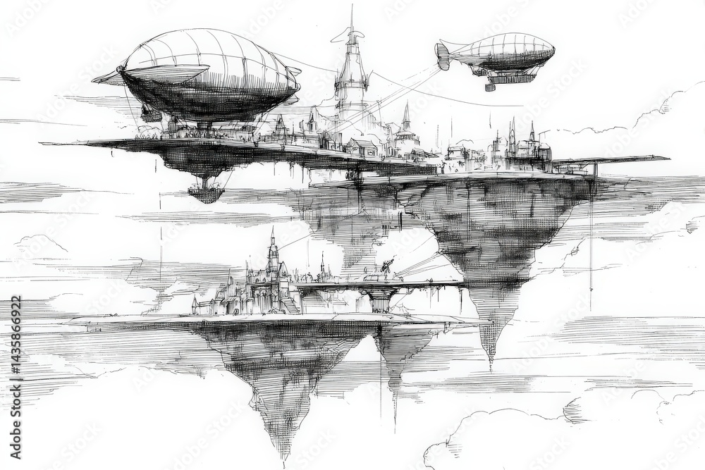Floating Steampunk Cities with Airships and Dramatic Cloudscape