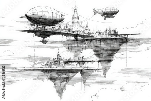 Obraz na płótnie Floating Steampunk Cities with Airships and Dramatic Cloudscape w salonie