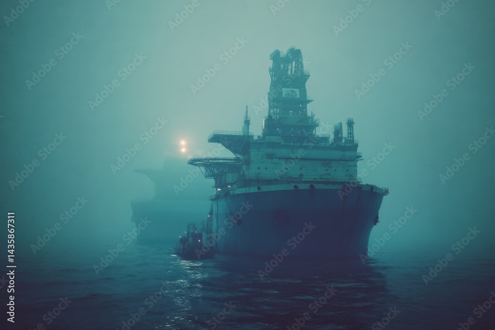 Foggy Seascape with Oil Rig and Tugboat in Mysterious Atmosphere
