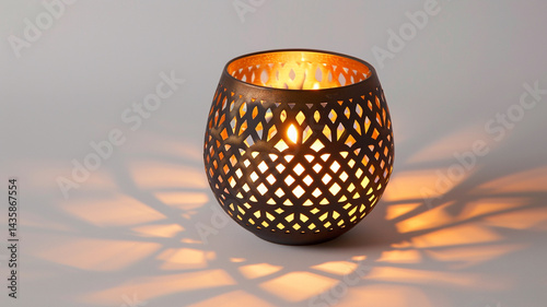 iron tealight holder with intricate cutouts casting warm, decorative shadows.