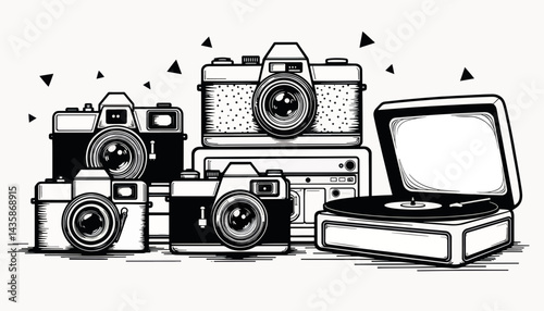Vintage cameras and record player in artistic arrangement, nostalgic vibe