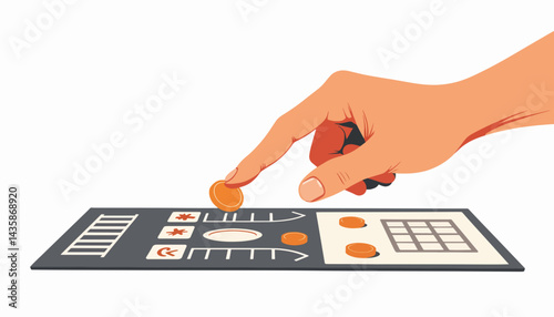 Hand pushing token on game board, strategy and chance