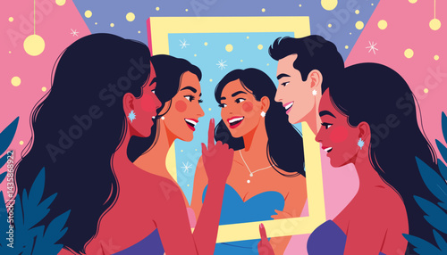 Joyful friends taking a group selfie at prom night celebration, togetherness