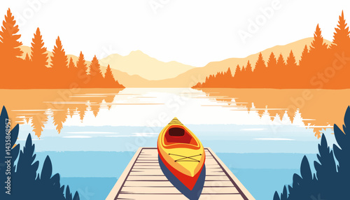 Tranquil kayak docked at serene lake pier, morning escape