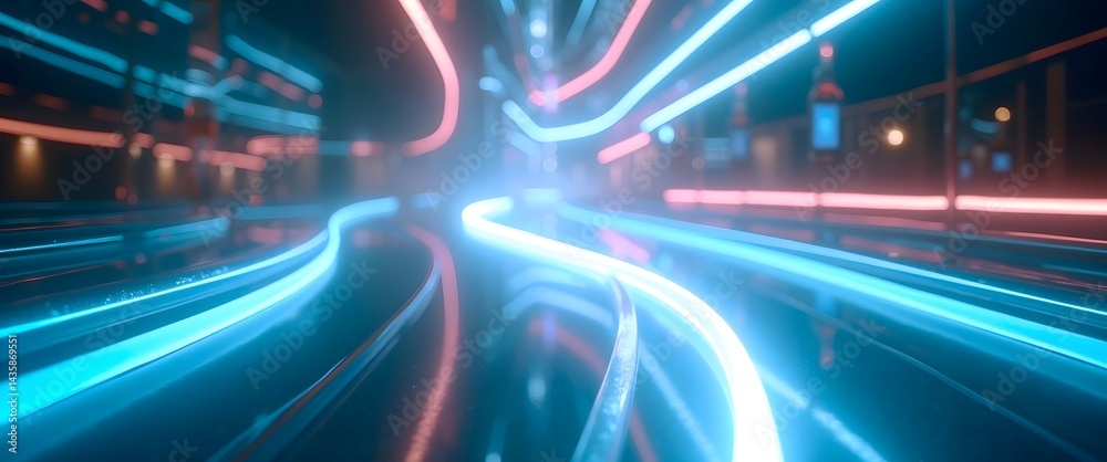 Fototapeta premium Microfinance and Financial Inclusion: Mobile Banking, Regulation, and Policy Advancing Urban Accessibility and Social Equity. Abstract Pathway of Mobile Financial Transactions with Neon Lights