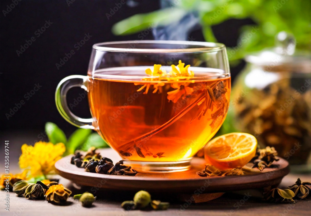 Beside the cup, a small, elegant glass jar filled with honey water glows in the soft natural light. Beside the cup, a small, elegant glass jar filled with honey water glows in the soft natural light.