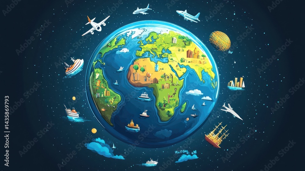 World travel, globe with vehicles, background with stars and clouds. Possible use stock photo for travel agency or educational materials World travel, globe with vehicles, background with stars and clouds. Possible use stock photo for travel agency or educational materials