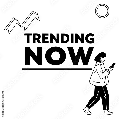 Trending Now Text with Person Using Phone Vector Design