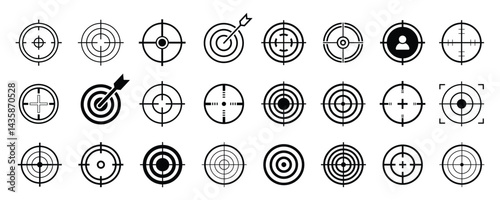 Target and aim icons set, Goal, bullseyes, crosshairs, and precision focus elements for archery, shooting, and navigation designs