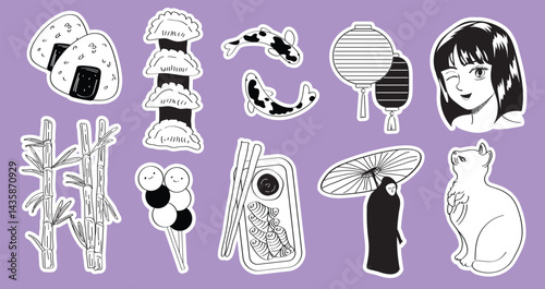 Asian sticker pack, oriental trendy vector illustration. Lantern, anime girl, asian food, bamboo, cat, koi fish.