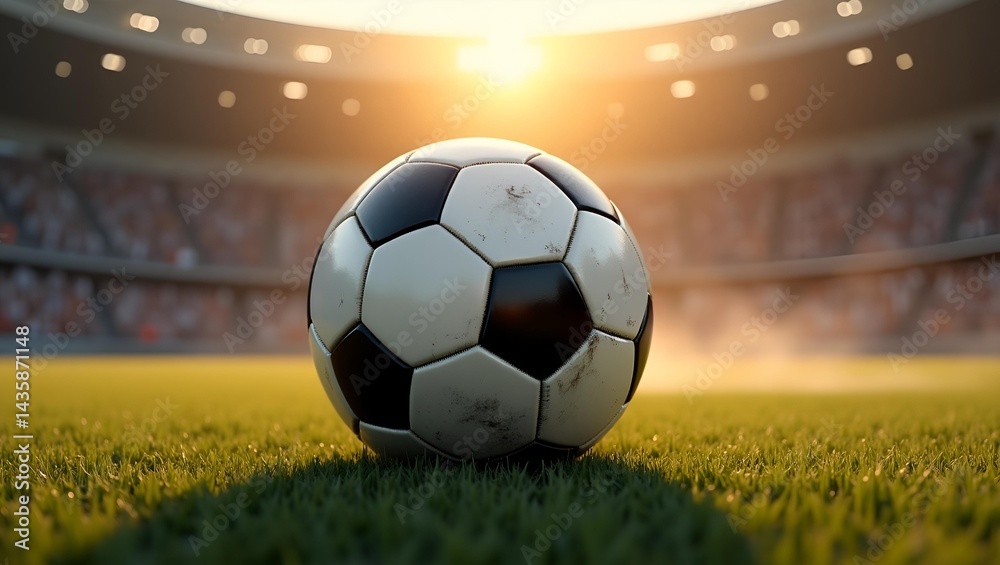 Fototapeta premium Soccer Ball on Stadium Field at Sunset – Sports Photography