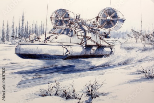 Futuristic Hovercraft Design Sketch on Winter Landscape