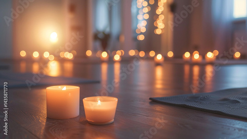 Relaxing candlelight yoga and sound bath setting. Mats, glowing candles,