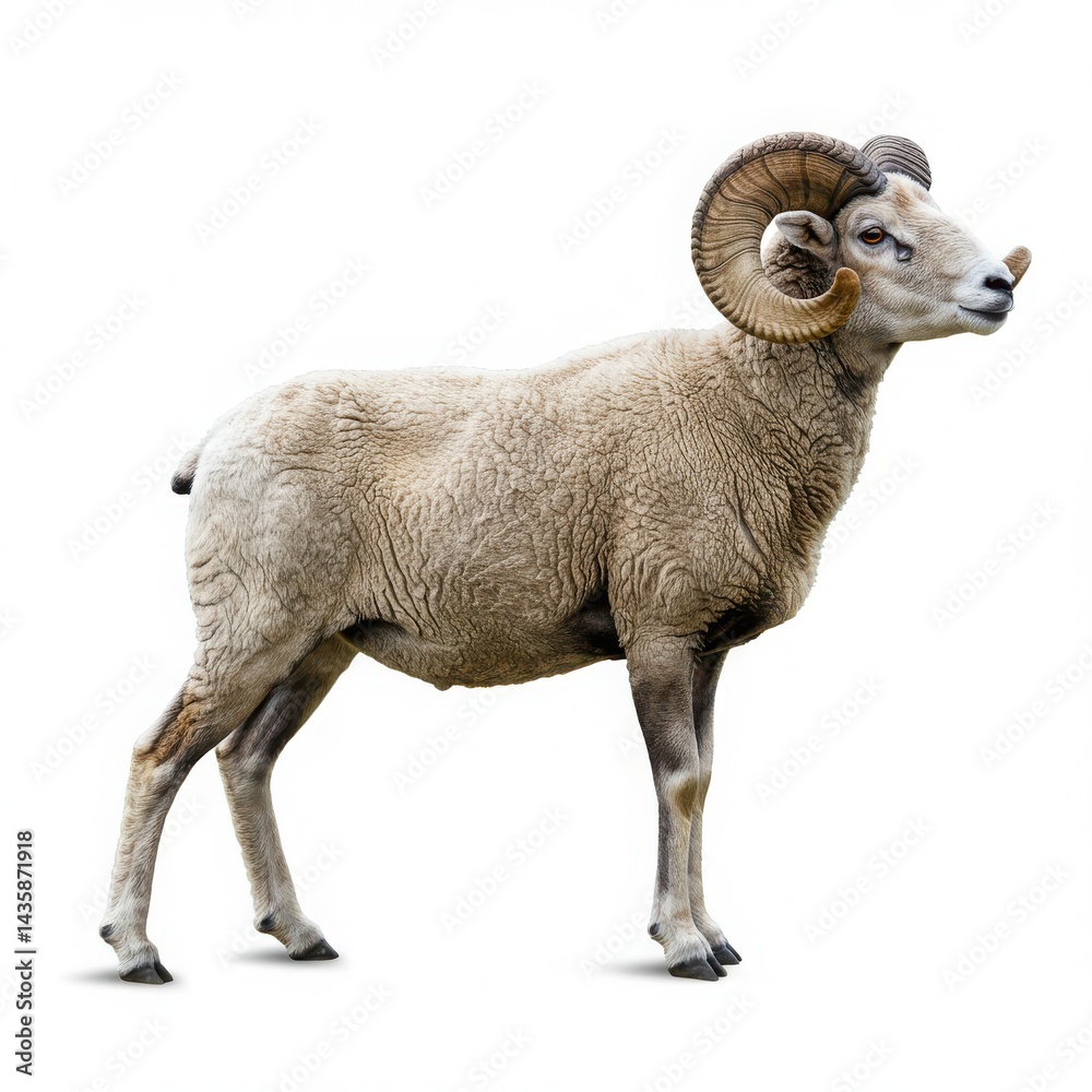 Fototapeta premium A full body shot of a light colored ram with large curved horns on a white background in studio light
