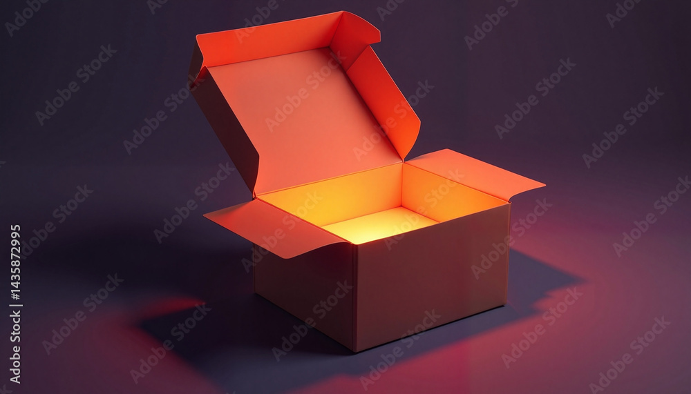 Open cardboard box glowing warm for product packaging and Black Friday