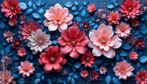 A floral arrangement with pink and red flowers and blue leaves on a dark blue background artifical