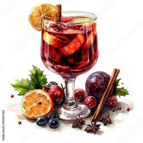 Mulled Wine with Spices and Fruit A Festive Watercolor Illustration. A detailed close up of a glass of mulled wine surrounded by seasonal fruits and spices.