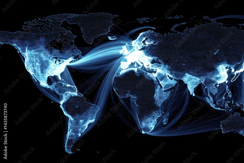 Global Connection Map with Digital Lines and Bright Oceanic Networks