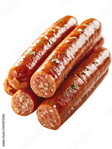 Stack of smoked sausages with glossy reddish casing and visible herbs in minced meat filling on white background. Concept of savory meat product and traditional deli snack