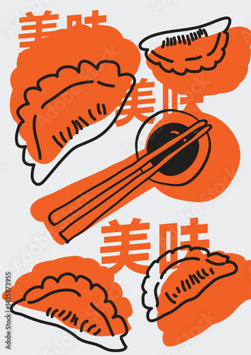Asian streetwear print, oriental trendy fashion vector illustration. Asian food, chopsticks. Chinese lettering translation - delicious