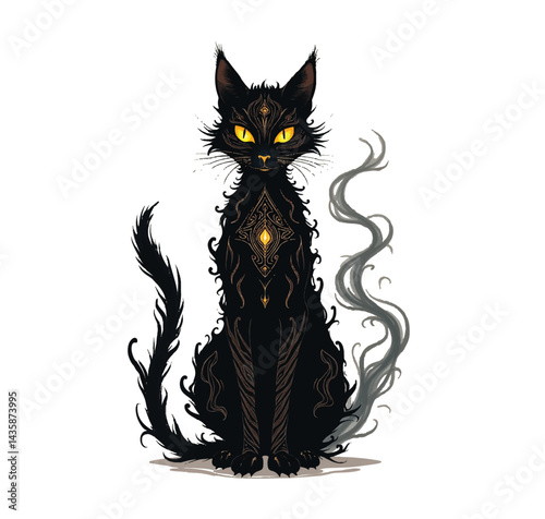 The cat’s piercing yellow eyes glow brightly, standing out against its dark fur and giving it an almost supernatural presence. Whisps of smoke-like tendrils emerge and dance around the cat’s body 