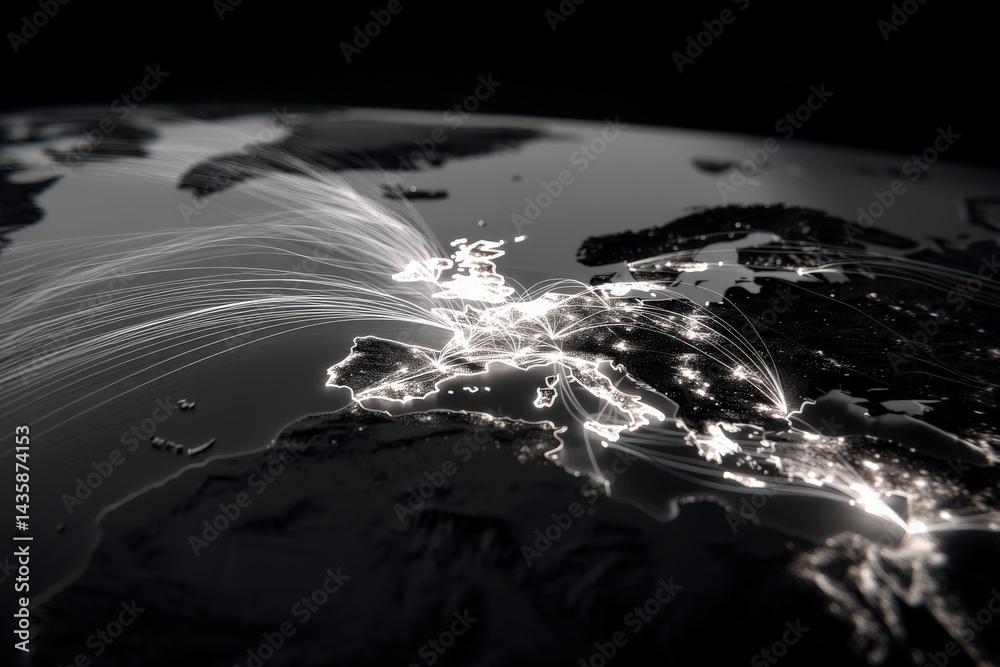 Global Connections Map with Light Trails Across Europe and Beyond