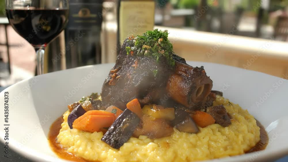 Slow cooked shank osso buco served over saffron risotto with eggplant, carrots, and a glass of red wine outdoors.