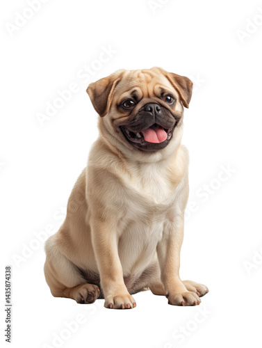 Happy beige pug dog sitting with tongue out and bright eyes on clean white background. Concept of playful pet portrait and domestic animal charm photo