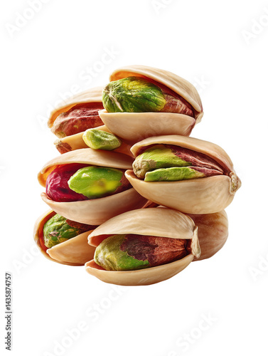 Pistachios in their shells, stacked neatly to display the vibrant green and reddish-brown kernels. Concept of healthy snacks and natural food.