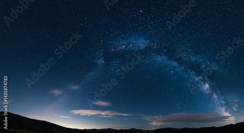 Celestial Night Landscape: Starry Sky over Mountains - Majestic night sky panorama, Milky Way arching over a dark mountain range. Symbolizing wonder, vastness, serenity, mystery, and exploration