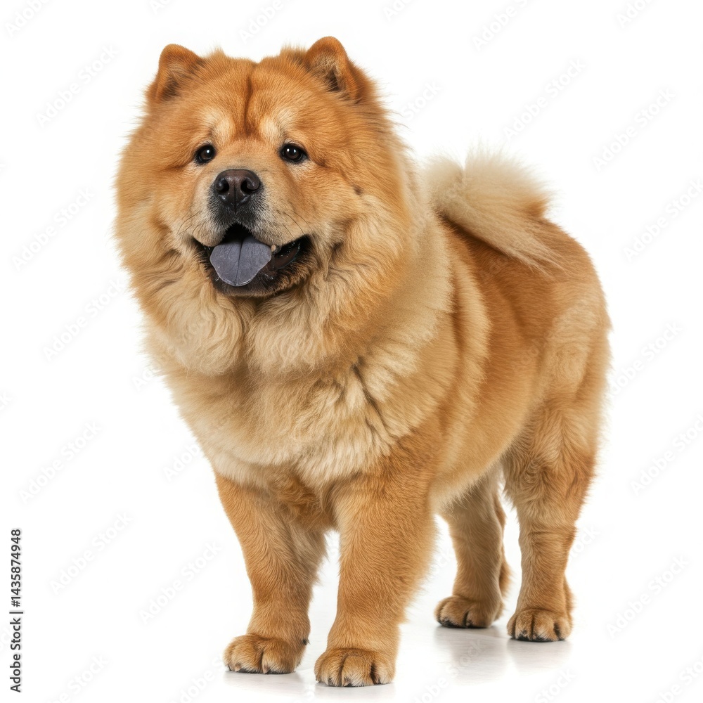 A fluffy chow chow dog standing on a white background with its tongue sticking out smiling happily A fluffy chow chow dog standing on a white background with its tongue sticking out smiling happily
