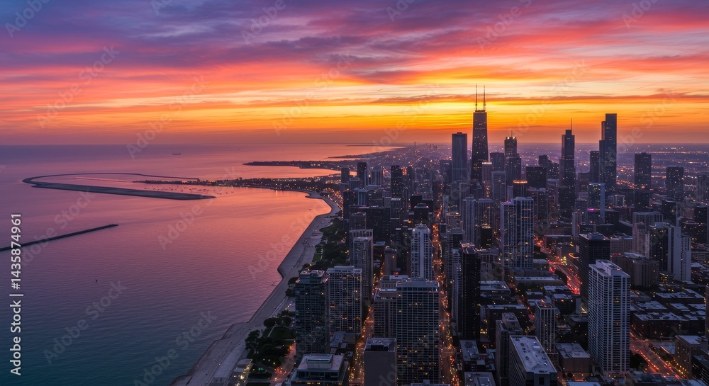 Fototapeta premium Chicago Skyline Sunset Panorama - Vibrant sunset colors paint the Chicago skyline, reflecting on Lake Michigan. A cityscape silhouette, urban beauty, coastal view, golden hour