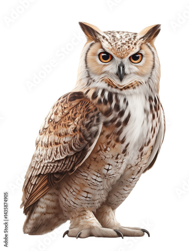 A realistic and detailed illustration of a majestic owl with sharp, piercing eyes, perched confidently. Concept of wisdom, nature, and night creatures.
