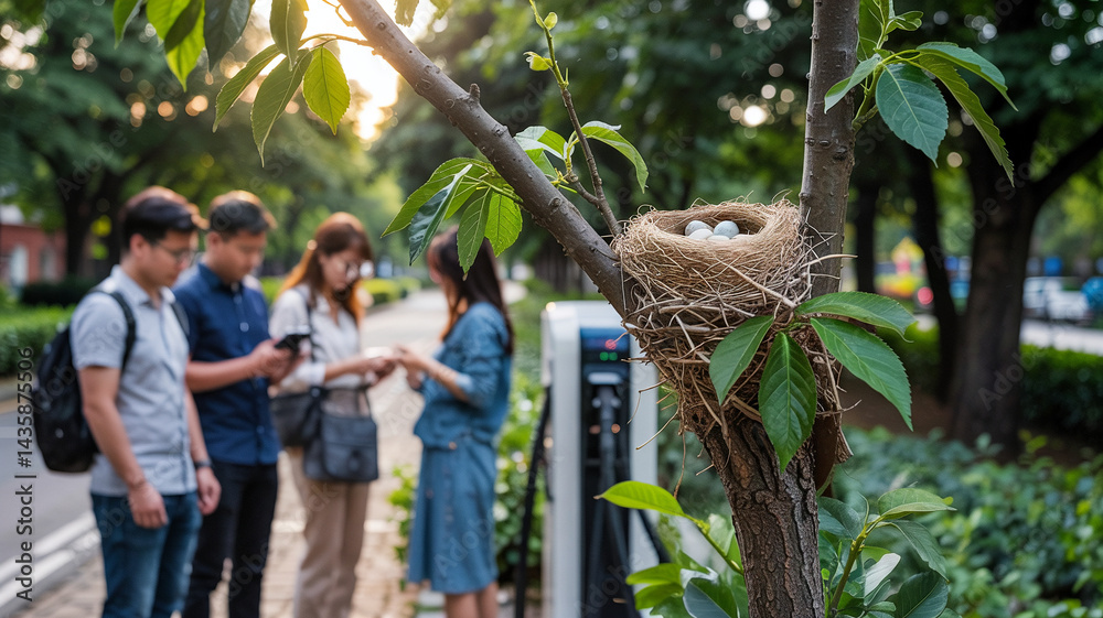 Obraz premium They notice a bird’s nest nearby while waiting at the charging station