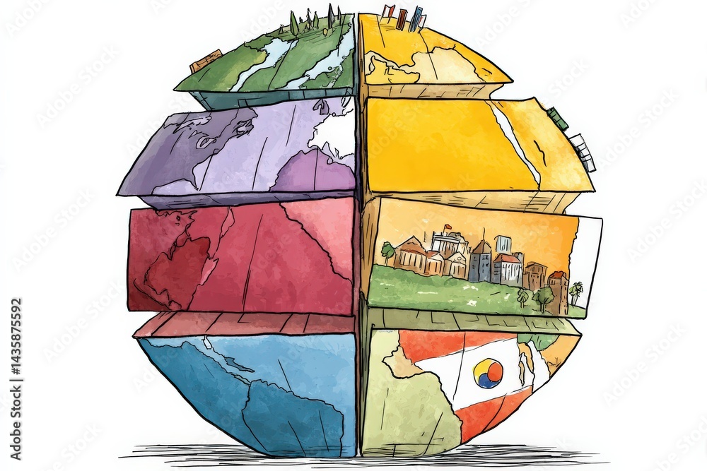Global Landmasses Depicted in Layers with Diverse Landscapes and Cultures