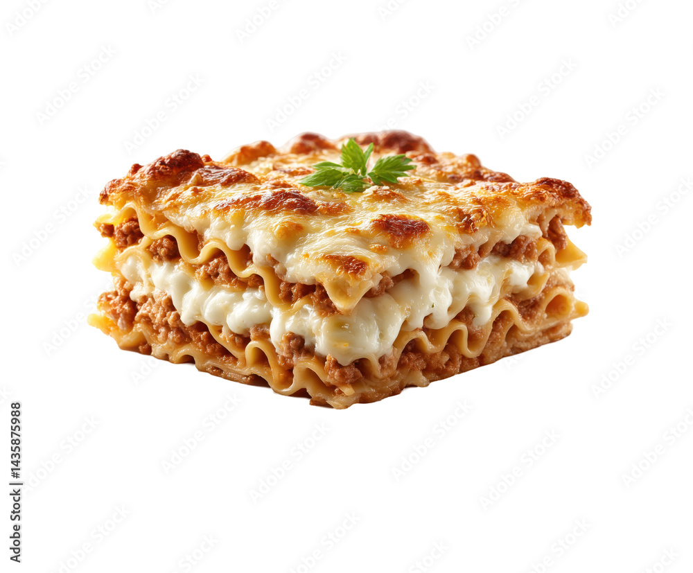 A delicious slice of lasagna, with layers of pasta, meat sauce, and melted cheese, garnished with a fresh herb. Concept of Italian cuisine and comfort food. A delicious slice of lasagna, with layers of pasta, meat sauce, and melted cheese, garnished with a fresh herb. Concept of Italian cuisine and comfort food.