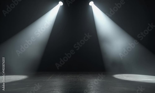 A stage with two spotlights shining down, creating an atmosphere of mystery and anticipation. The background is a dark gray, adding to the mysterious ambiance. A spotlight shines on one side,